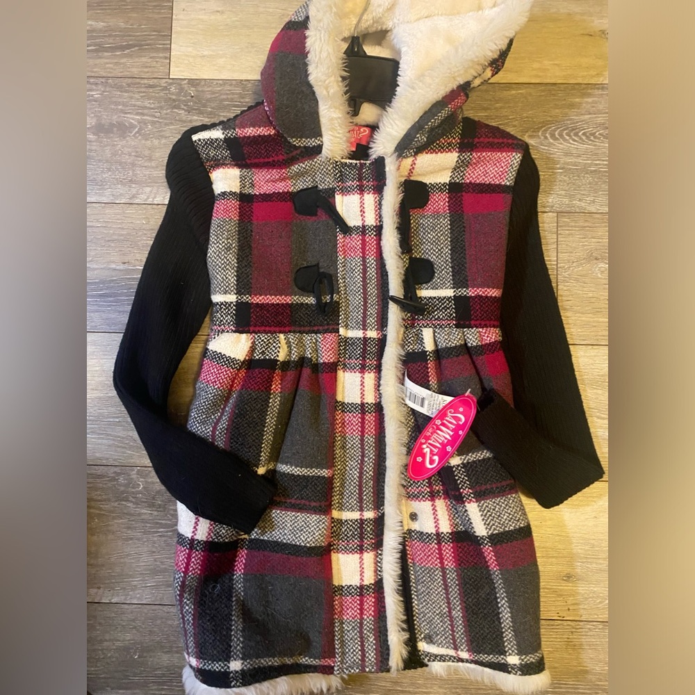 Girls size L Plaid Hooded Jacket with Faux Fur Trim by Say What-NWT